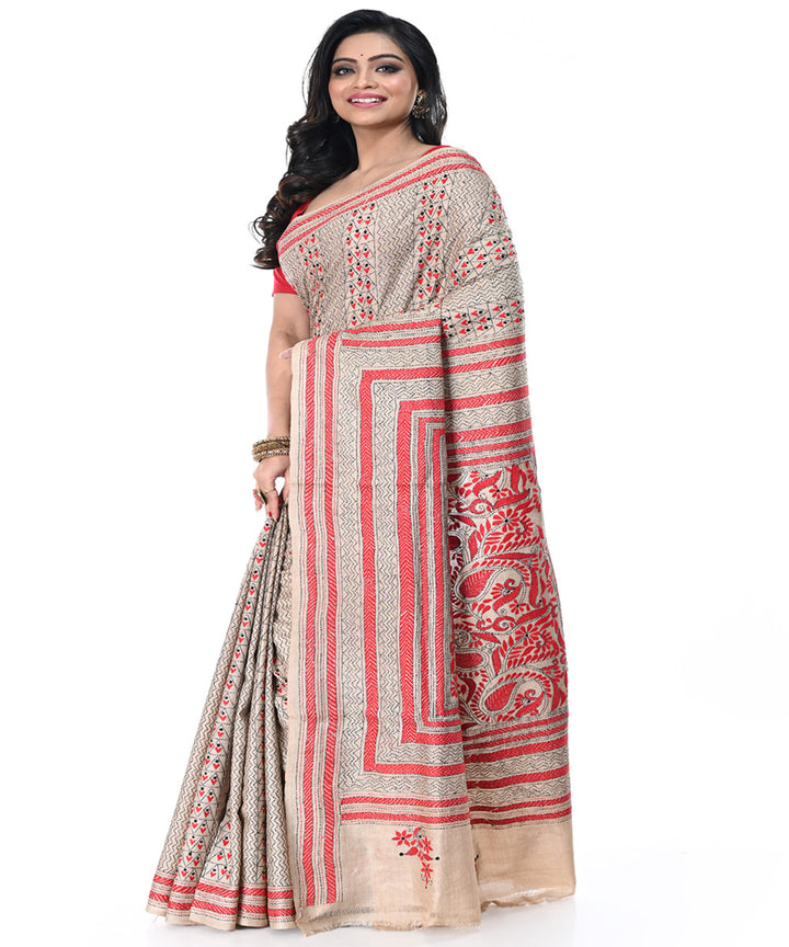 Offwhite multicolor handwoven tussar silk kantha stitch saree
