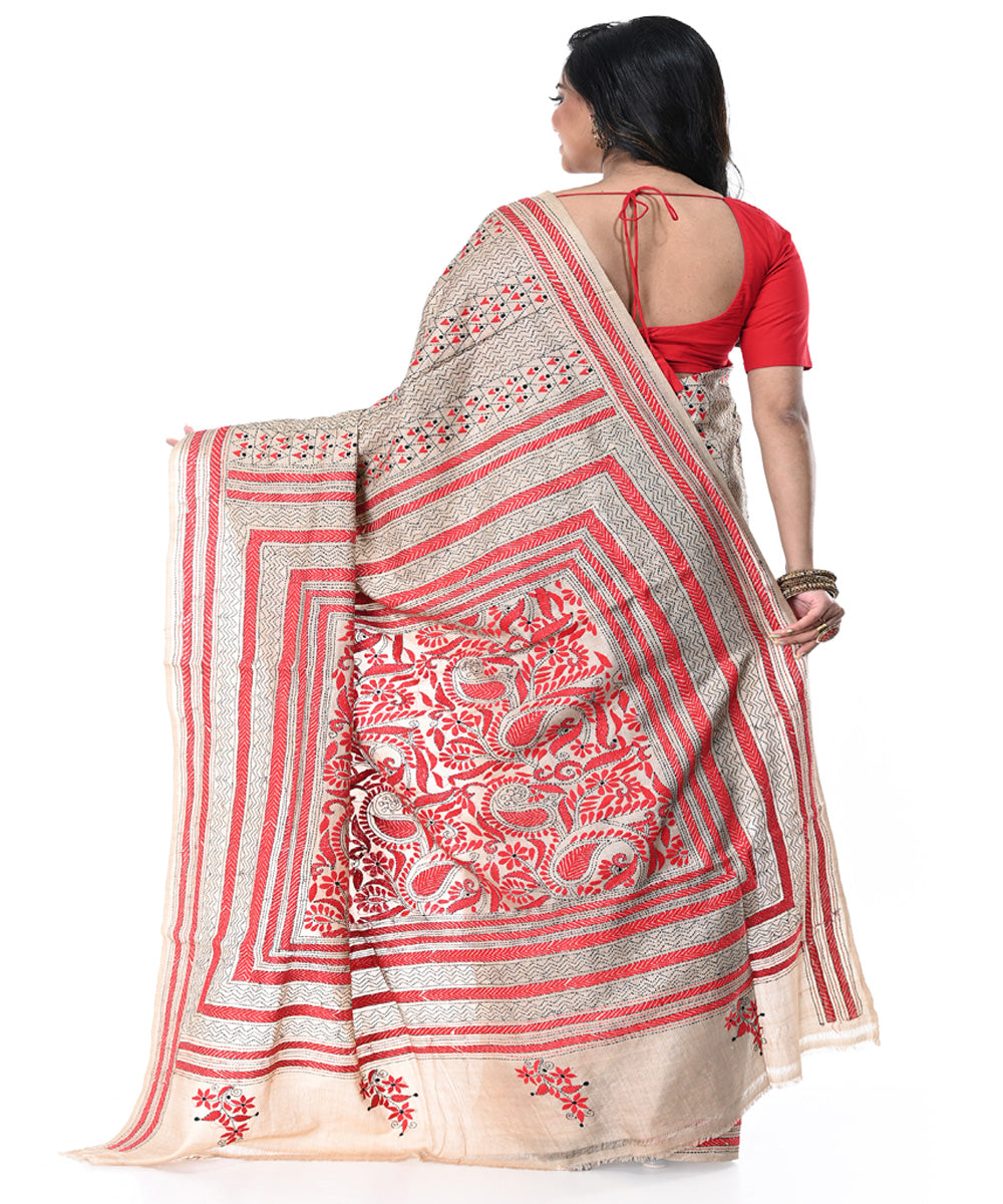 Offwhite multicolor handwoven tussar silk kantha stitch saree
