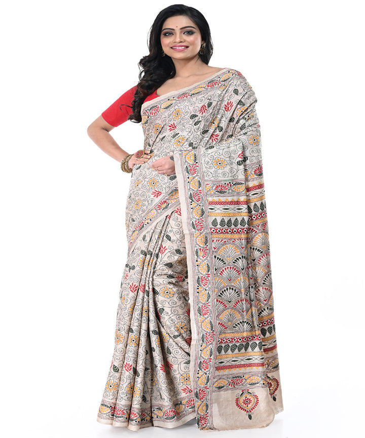 Offwhite tussar silk handwoven kantha stitch saree