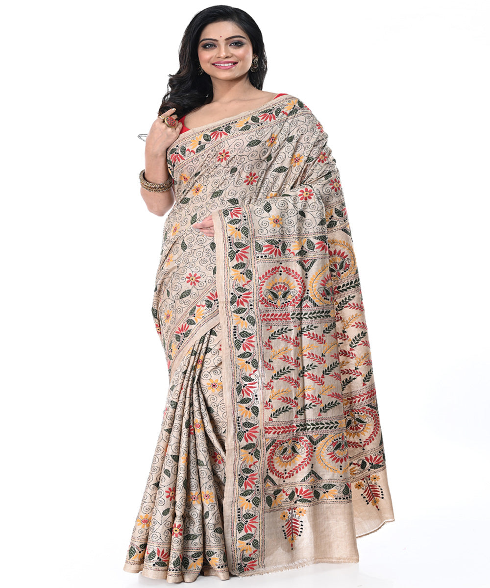 Offwhite multicolor tussar silk kantha stitch handwoven saree