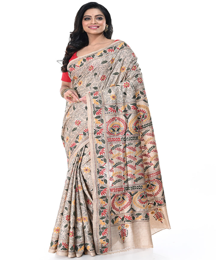 Offwhite multicolor tussar silk kantha stitch handwoven saree