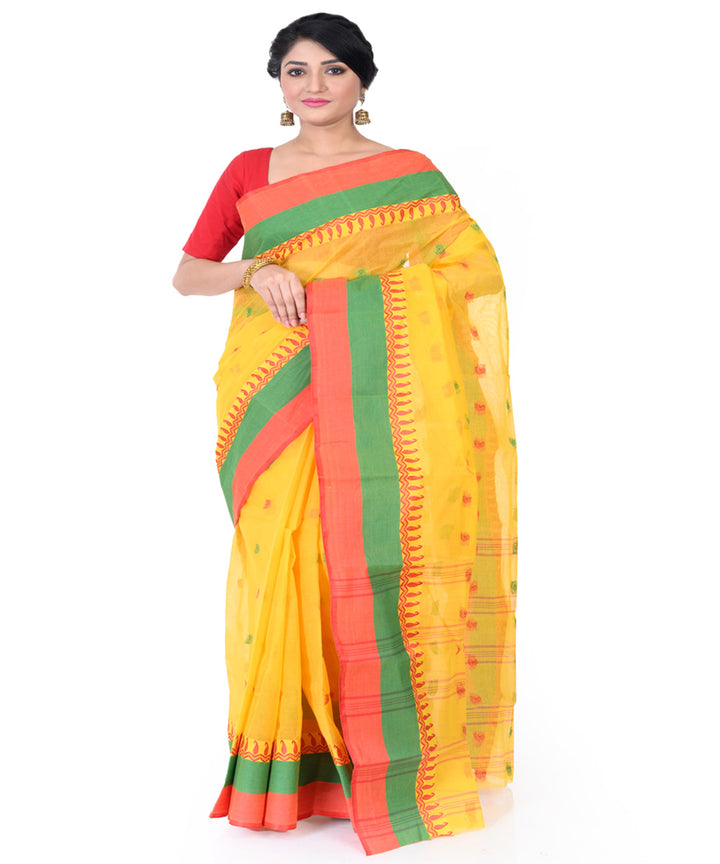 Yellow multicolor handloom tangail cotton saree