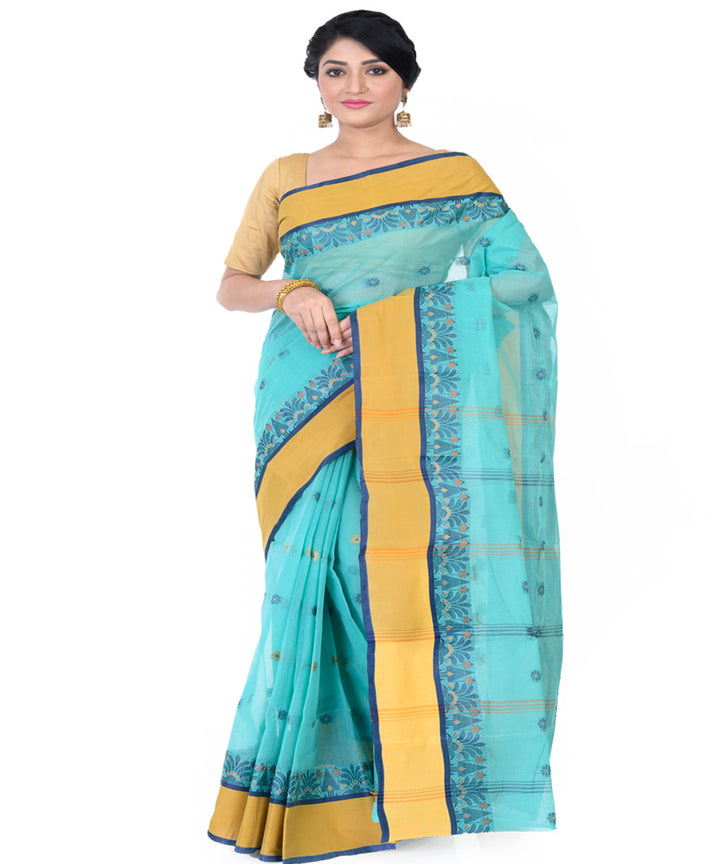 Sky blue yellow handloom tangail cotton saree
