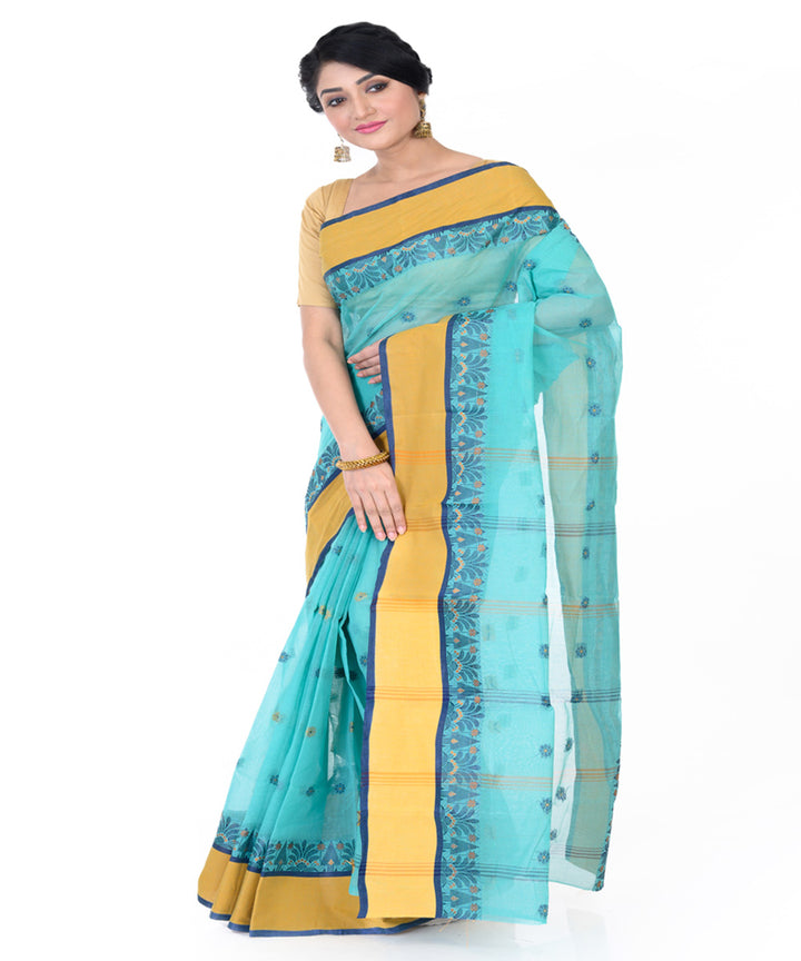 Sky blue yellow handloom tangail cotton saree