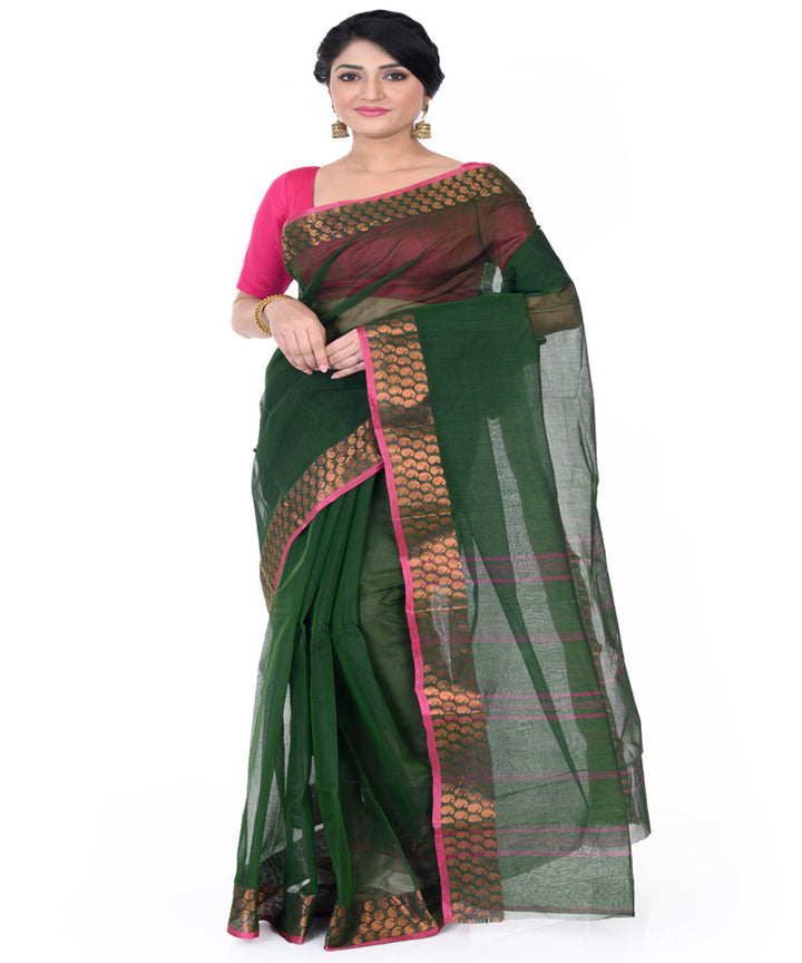 Dark green handloom cotton tangail saree