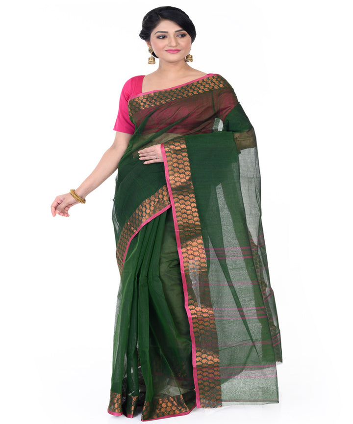 Dark green handloom cotton tangail saree