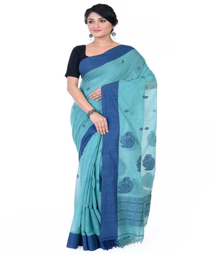 Cyan blue handloom tangail cotton saree