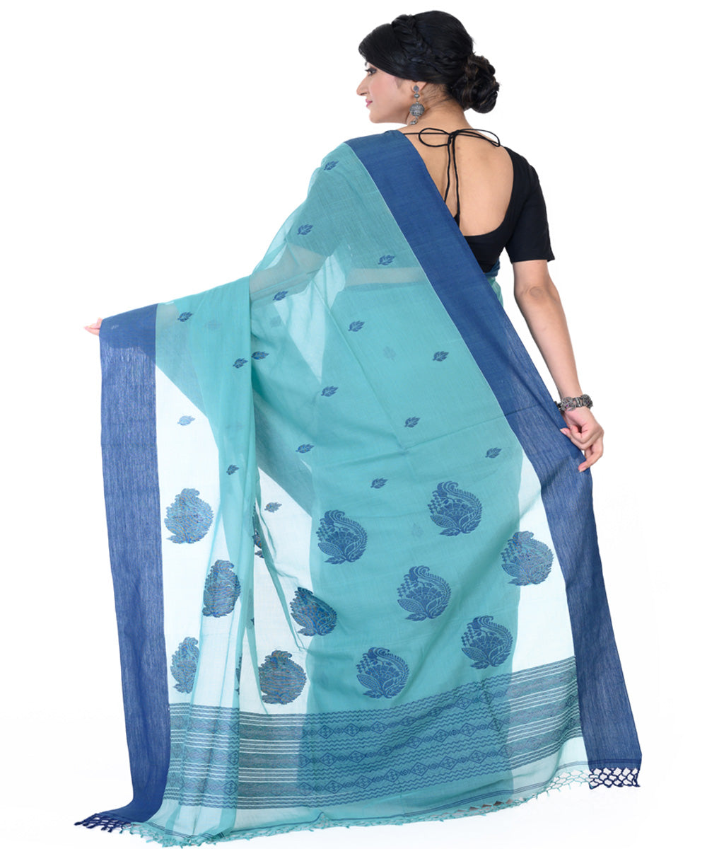 Cyan blue handloom tangail cotton saree