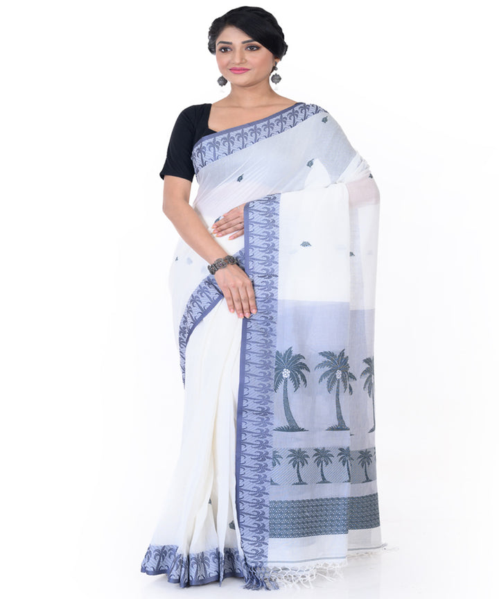 White blue handloom tangail cotton saree