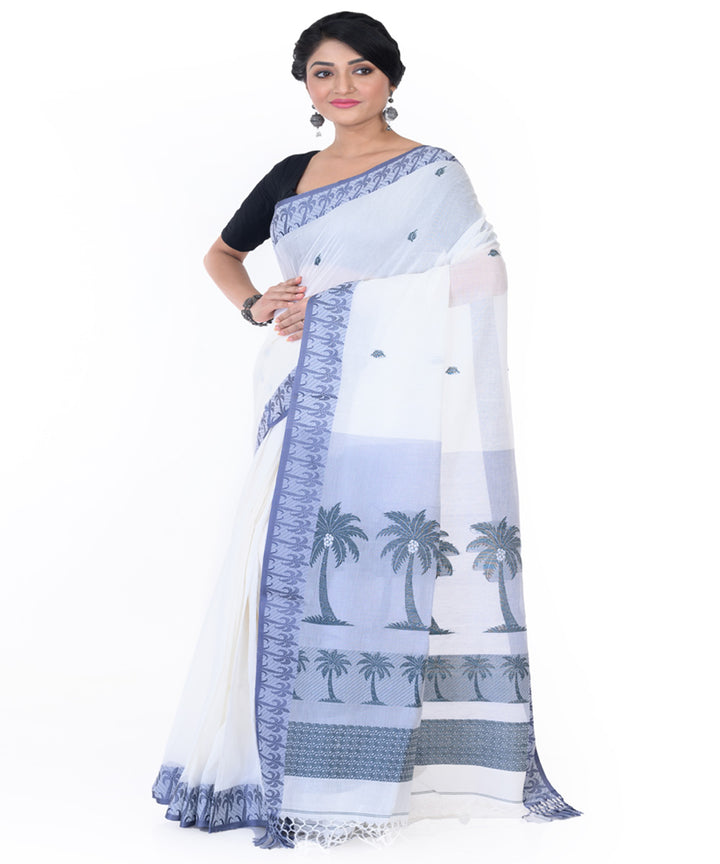 White blue handloom tangail cotton saree