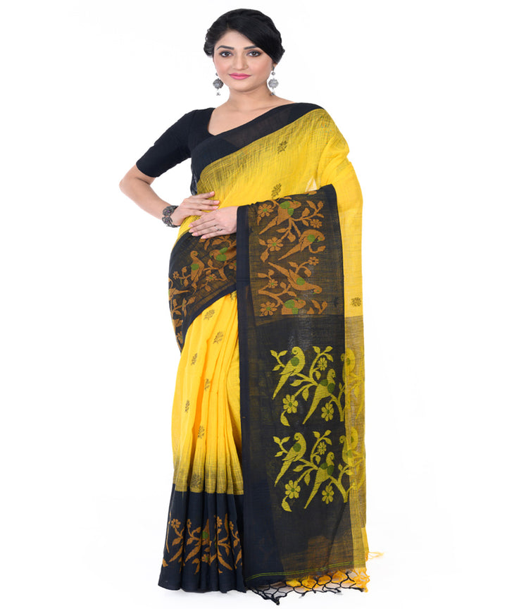 Yellow black handloom tangail cotton saree