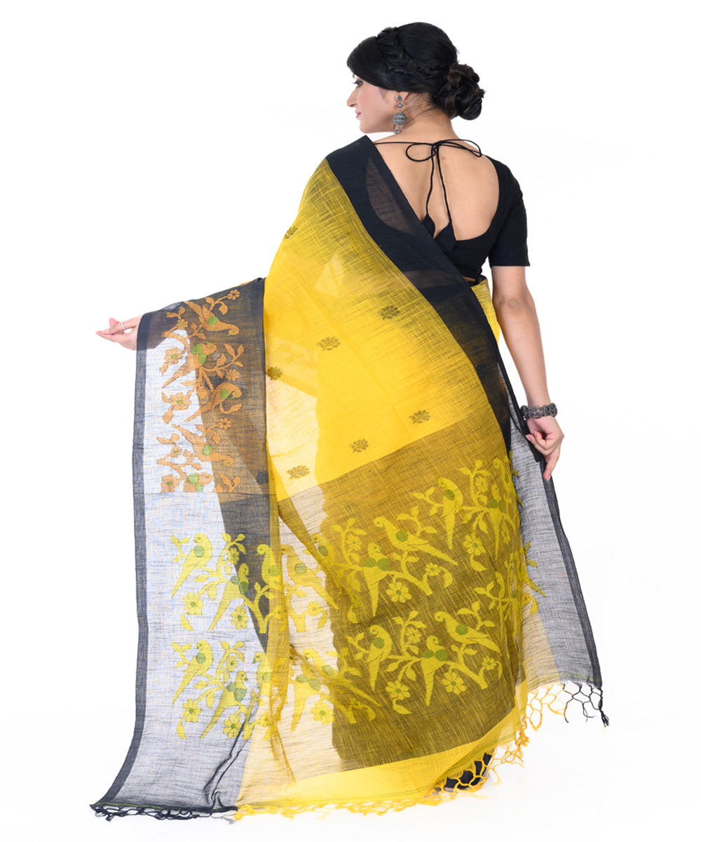 Yellow black handloom tangail cotton saree