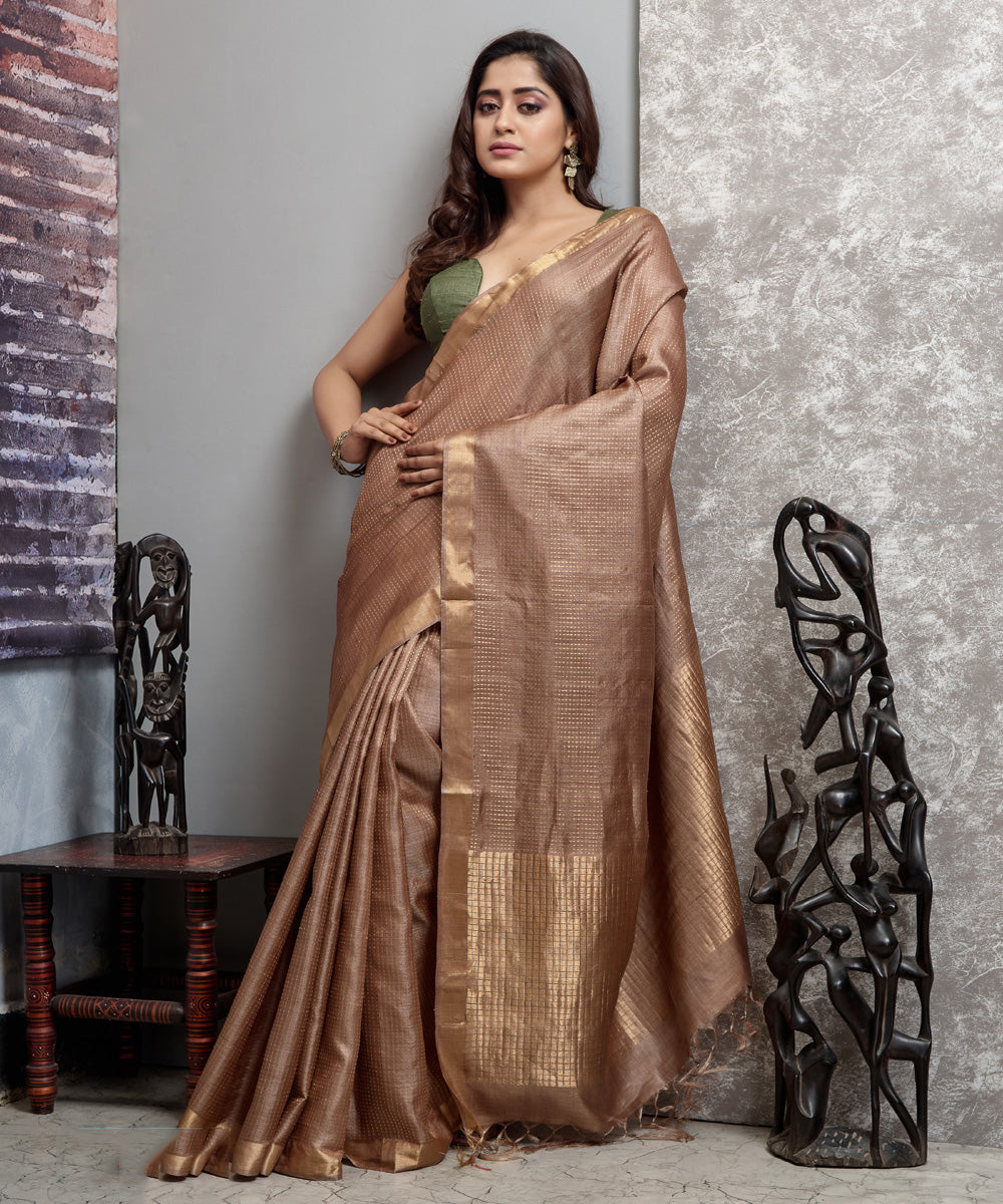 Brown golden handwoven chhatisgarh tussar silk saree