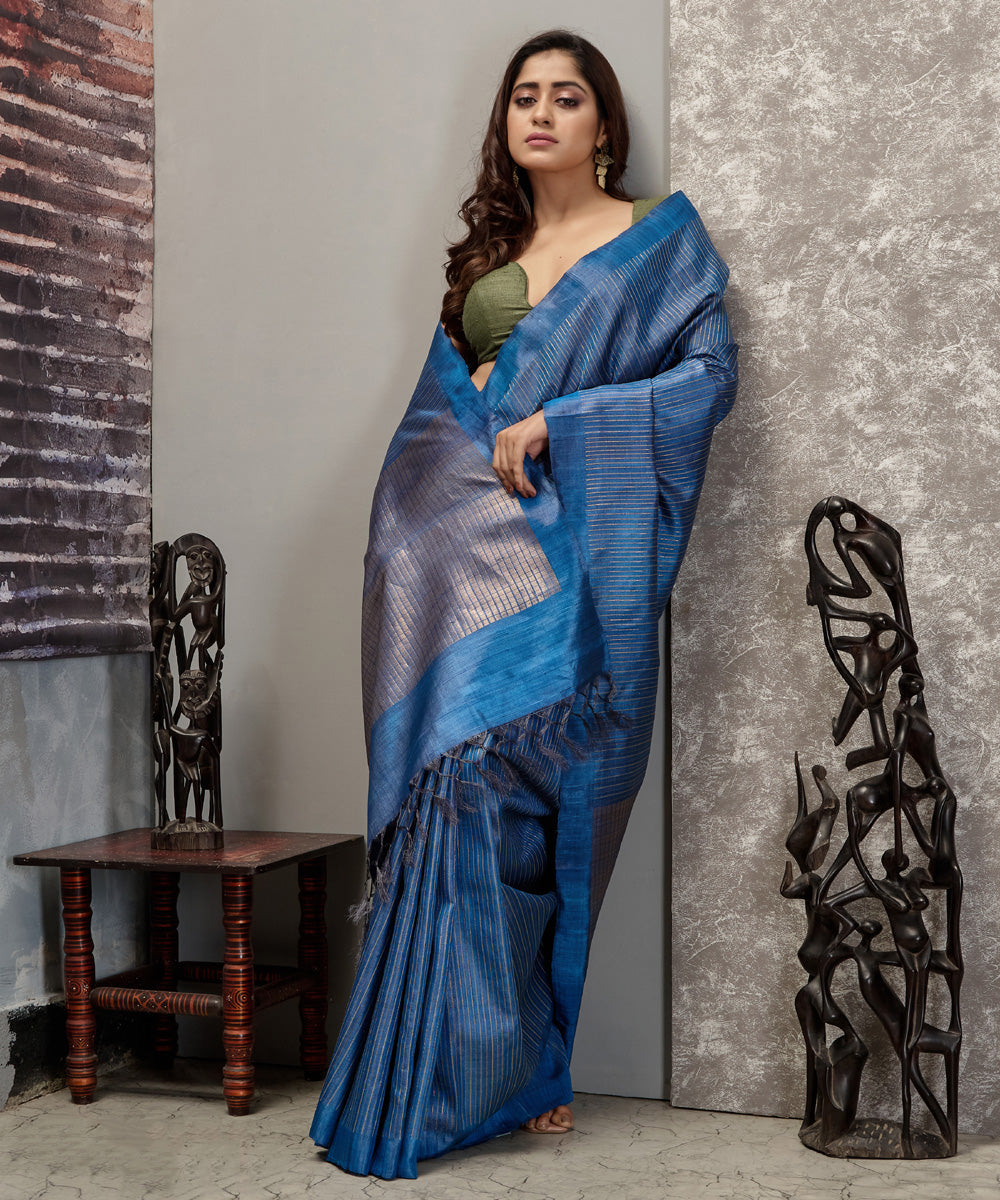 Cyan blue handloom chhatisgarh tussar silk saree
