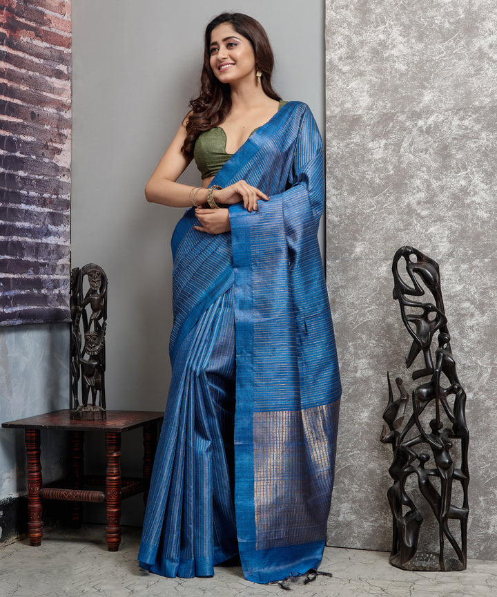 Cyan blue handloom chhatisgarh tussar silk saree