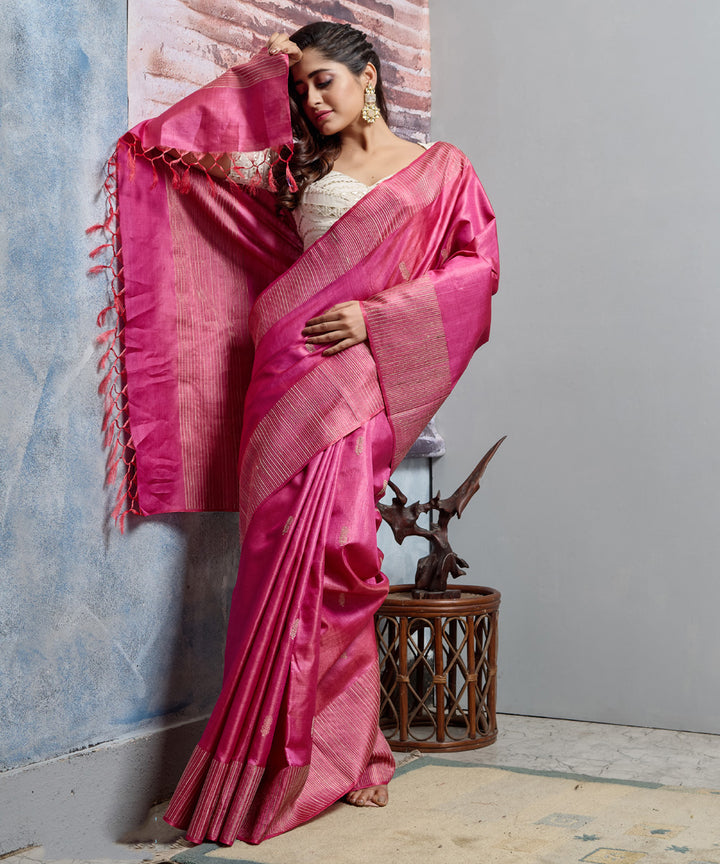 Pink handwoven tussar silk chhatisgarh saree