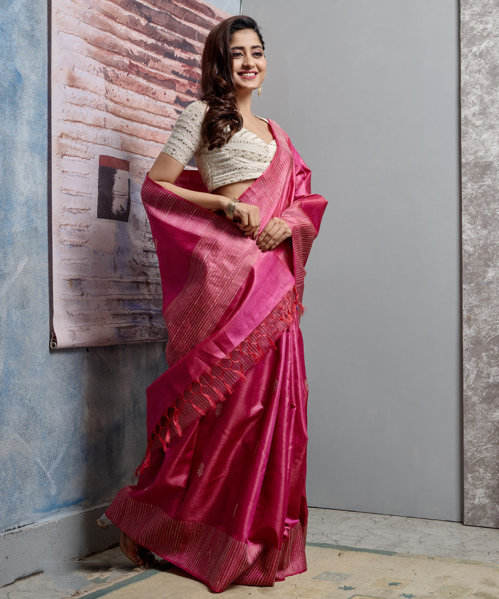 Pink handwoven tussar silk chhatisgarh saree
