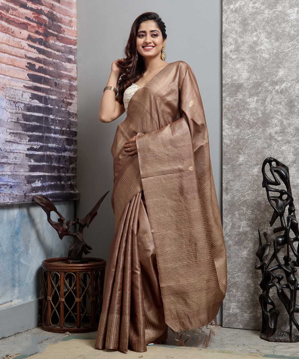 Brown handwoven tussar silk chhatisgarh saree