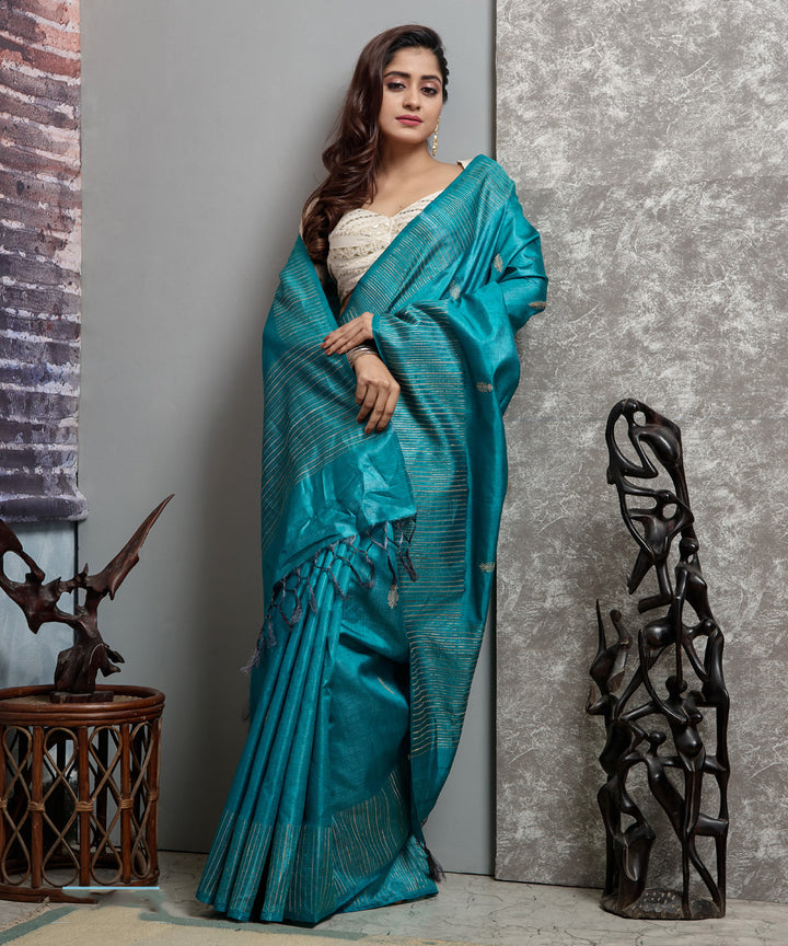 Cyan blue handwoven chhatisgarh tussar silk saree