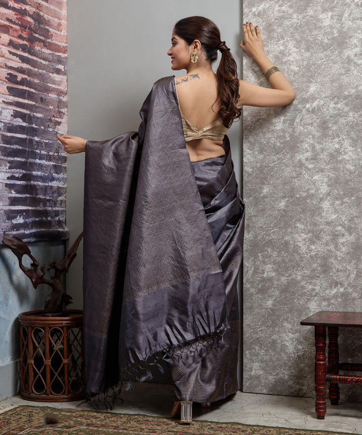 Grey blue handwoven chhatisgarh tussar silk saree