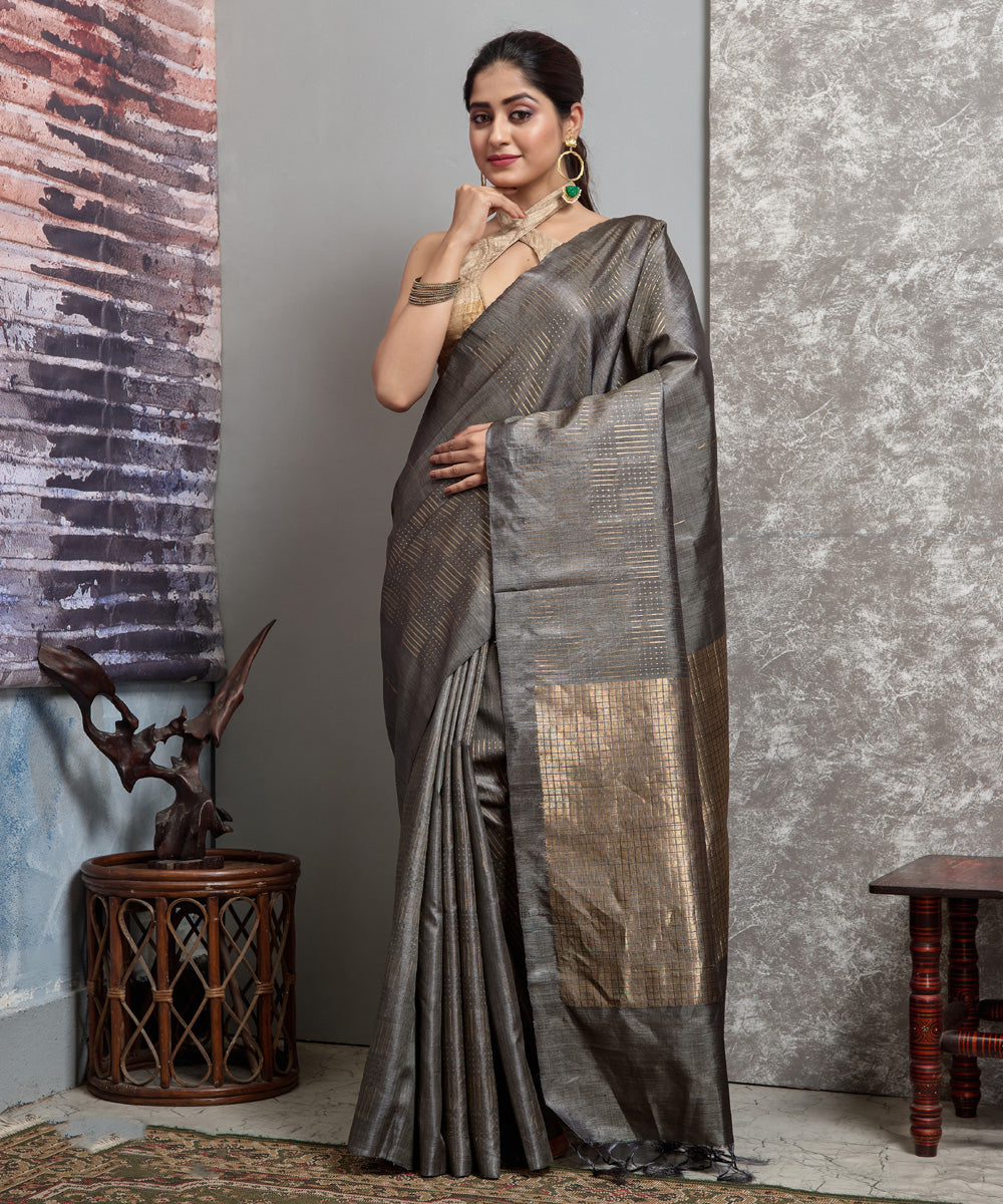 Grey brown handwoven chhatisgarh tussar silk saree