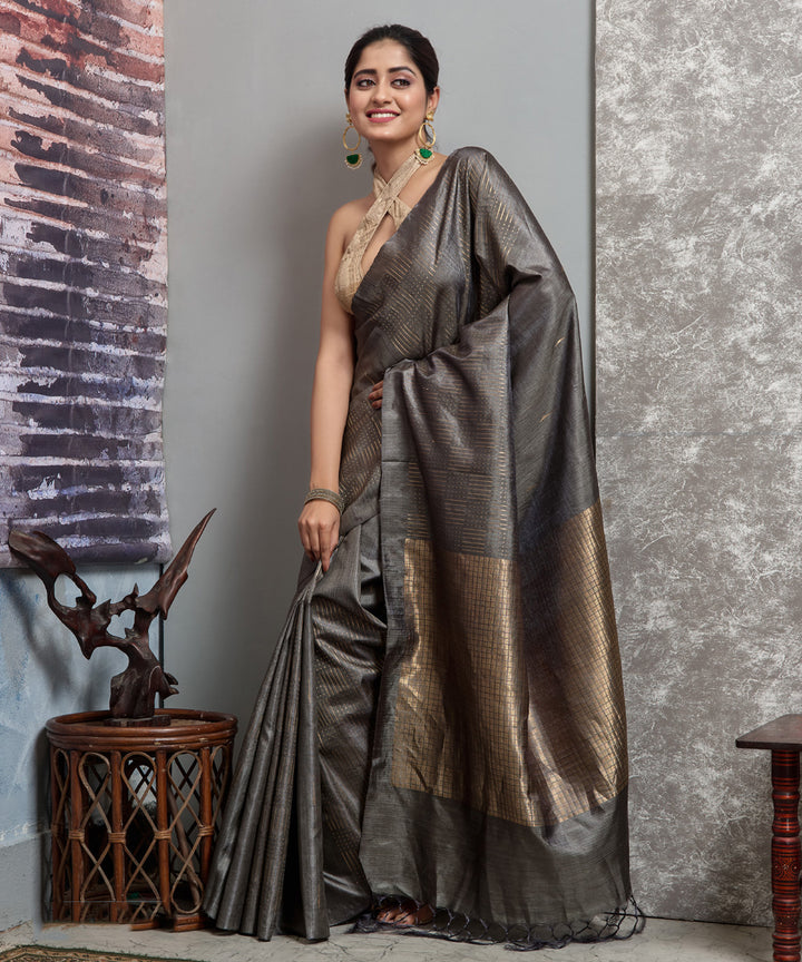 Grey brown handwoven chhatisgarh tussar silk saree