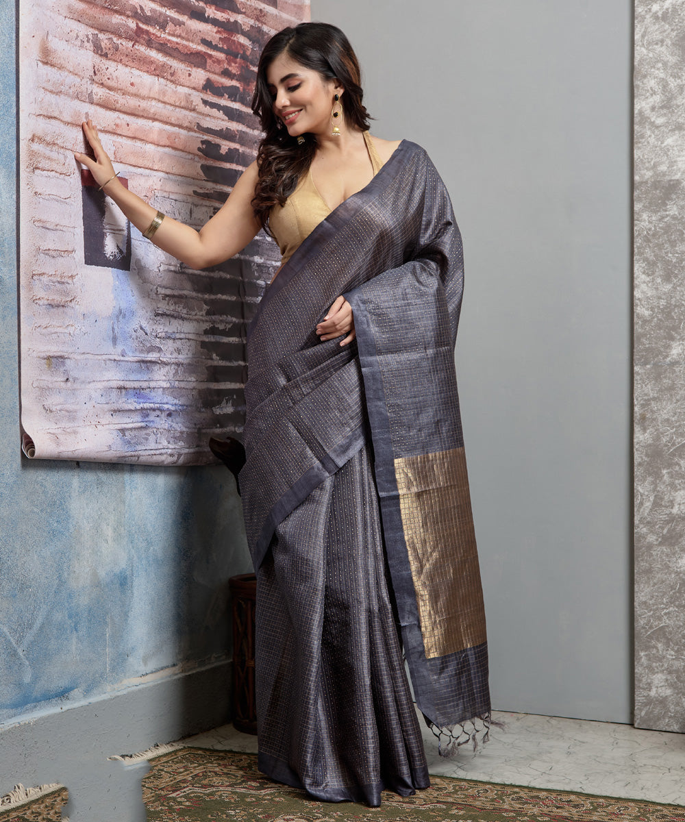 Dark blue handwoven tussar silk chhatisgarh saree