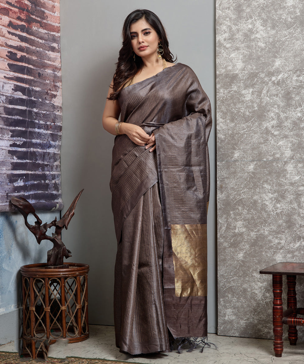 Dark brown handwoven chhatisgarh tussar silk saree