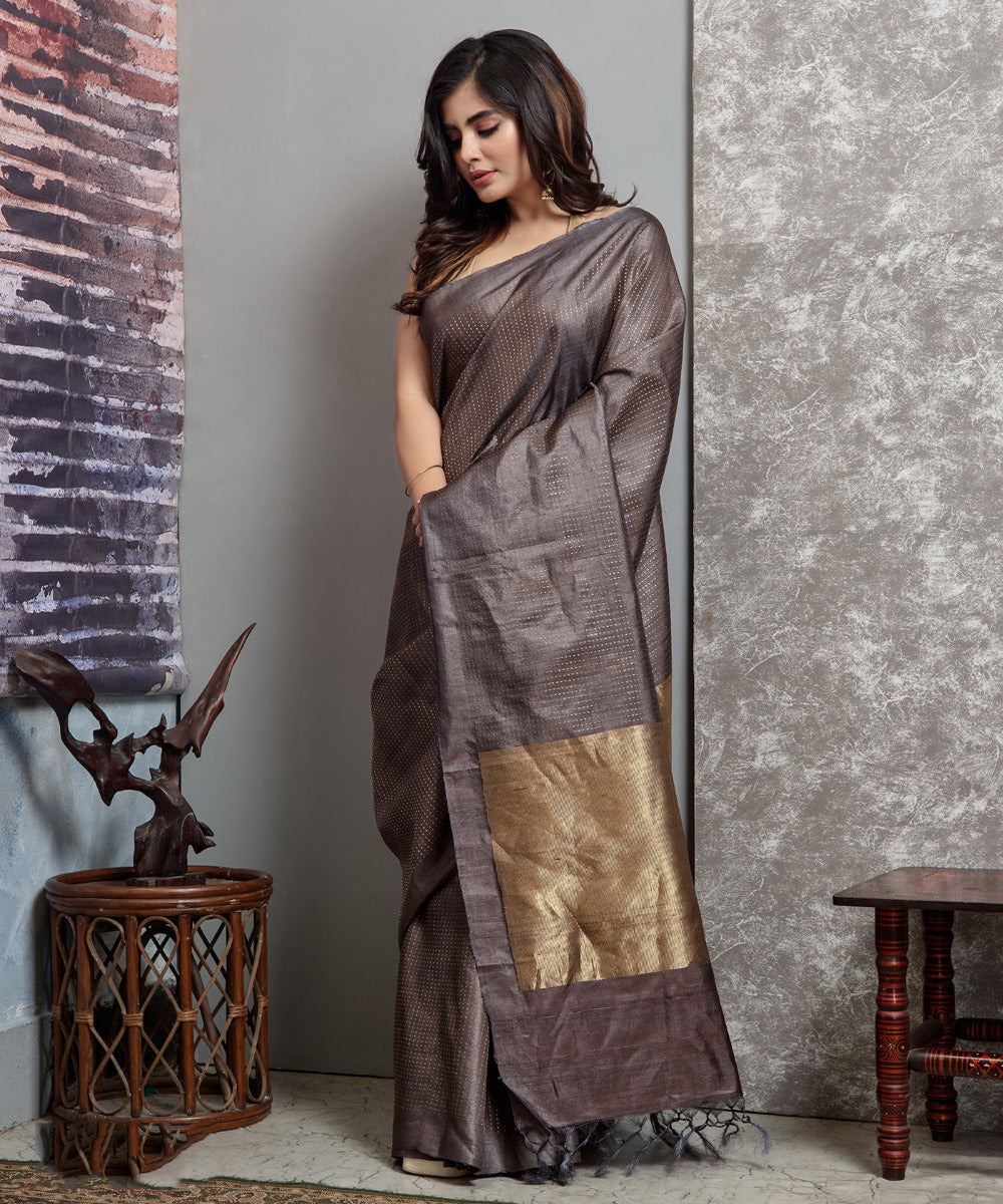 Dark brown handwoven chhatisgarh tussar silk saree