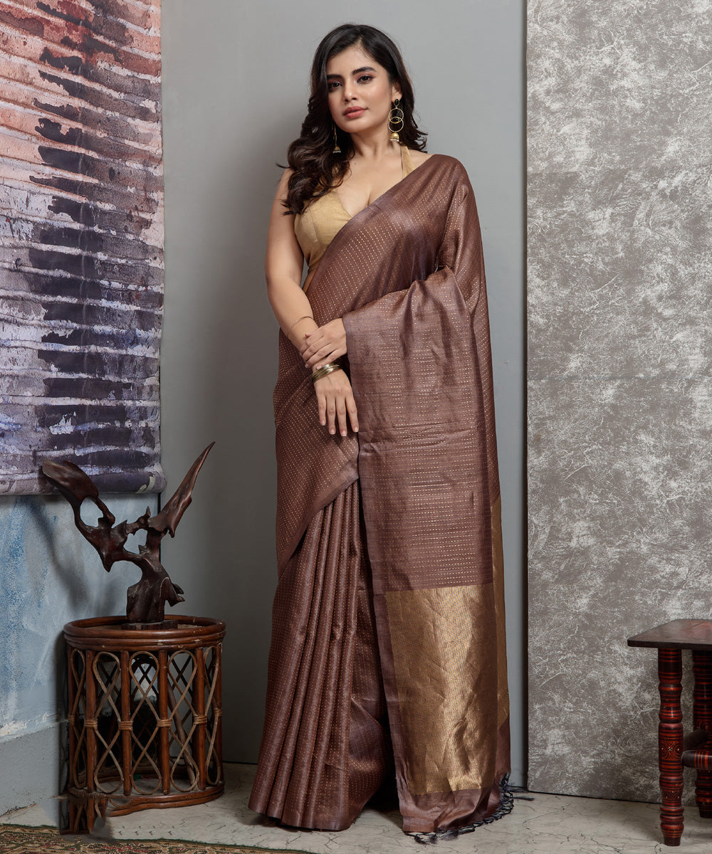 Brown chhatisgarh tussar silk handwoven saree