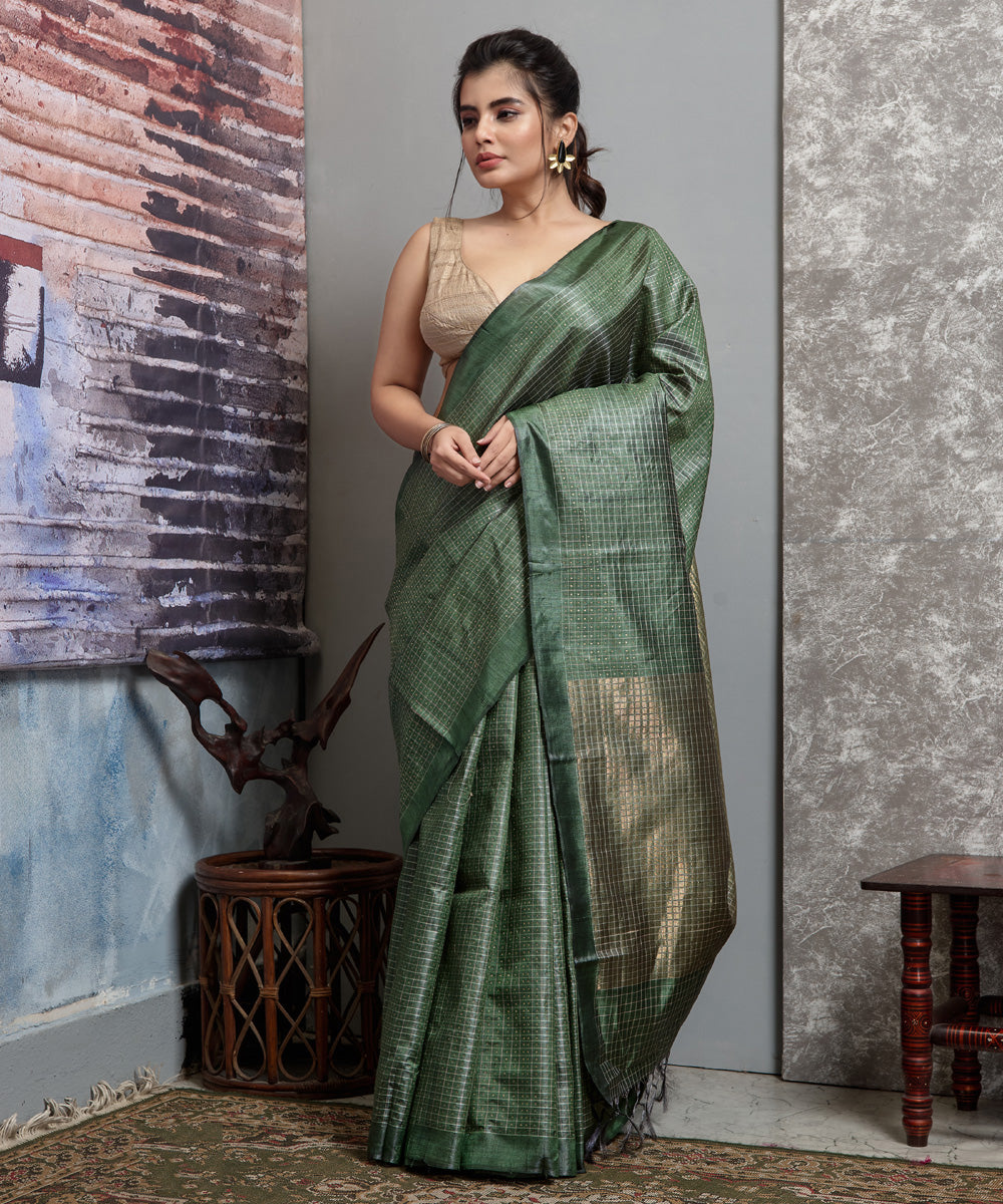 Dark green handwoven chhatisgarh tussar silk saree