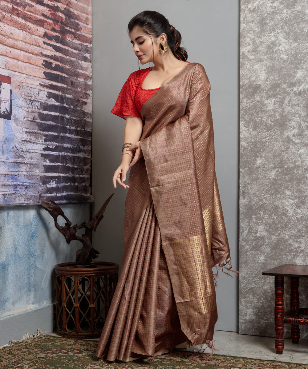 Brown handwoven chhatisgarh tussar silk saree