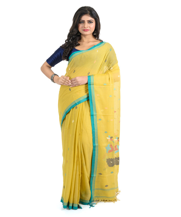 Yellow light green handwoven bengal cotton saree