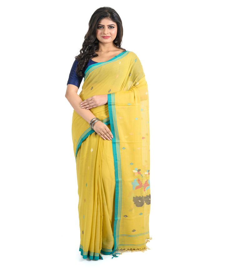 Yellow light green handwoven bengal cotton saree