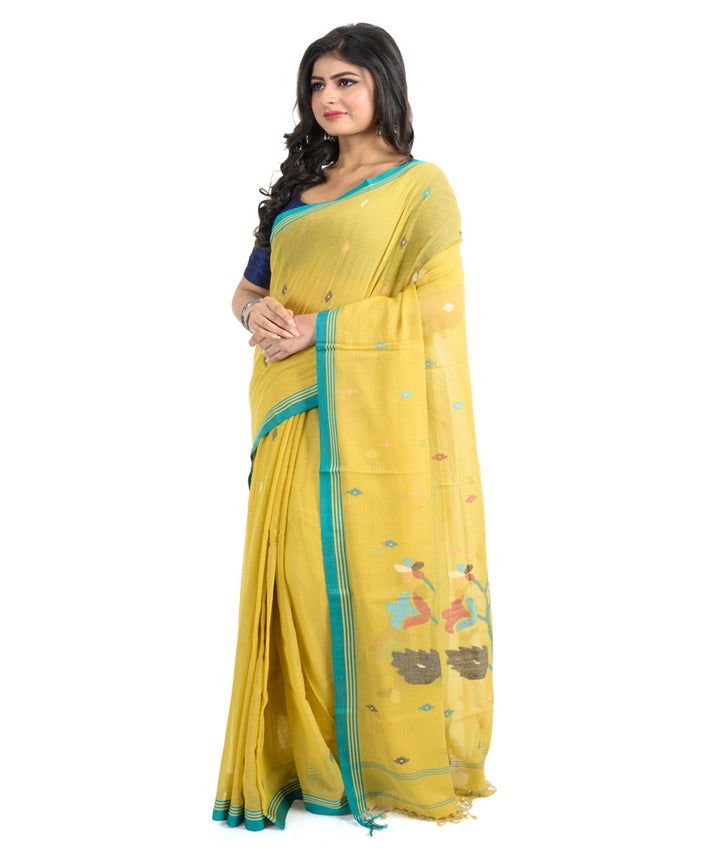 Yellow light green handwoven bengal cotton saree