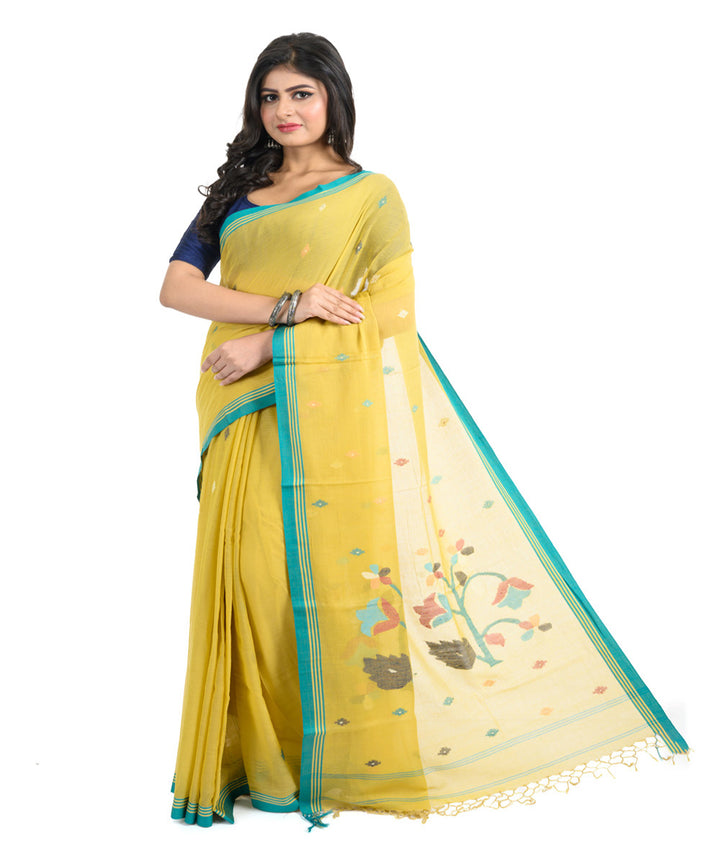 Yellow light green handwoven bengal cotton saree