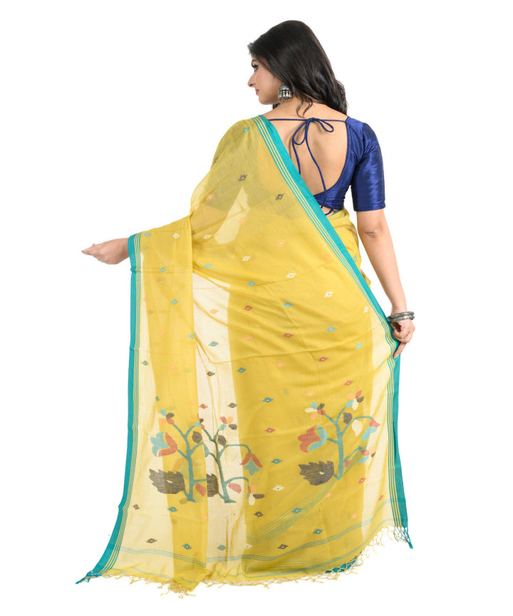 Yellow light green handwoven bengal cotton saree