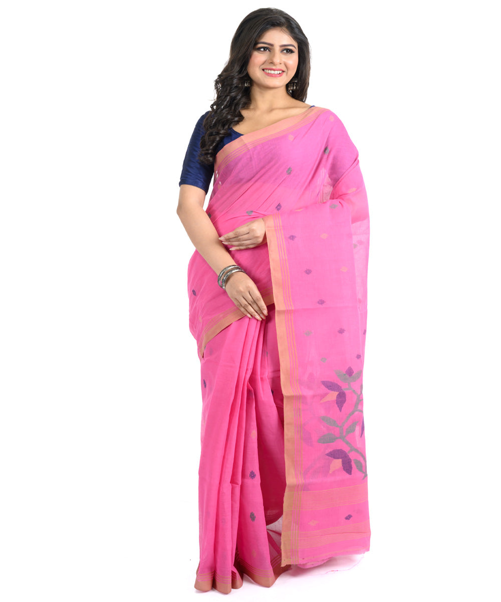 Pink brown handwoven bengal cotton saree