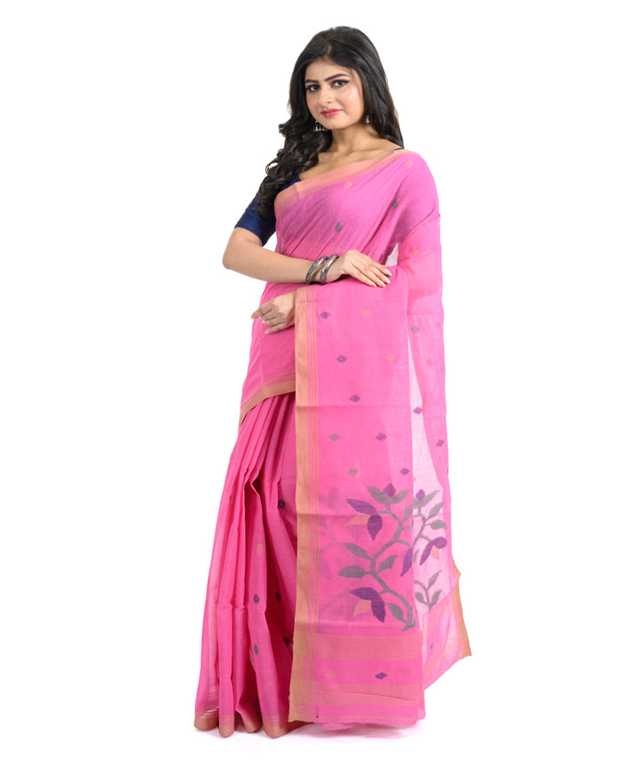 Pink brown handwoven bengal cotton saree