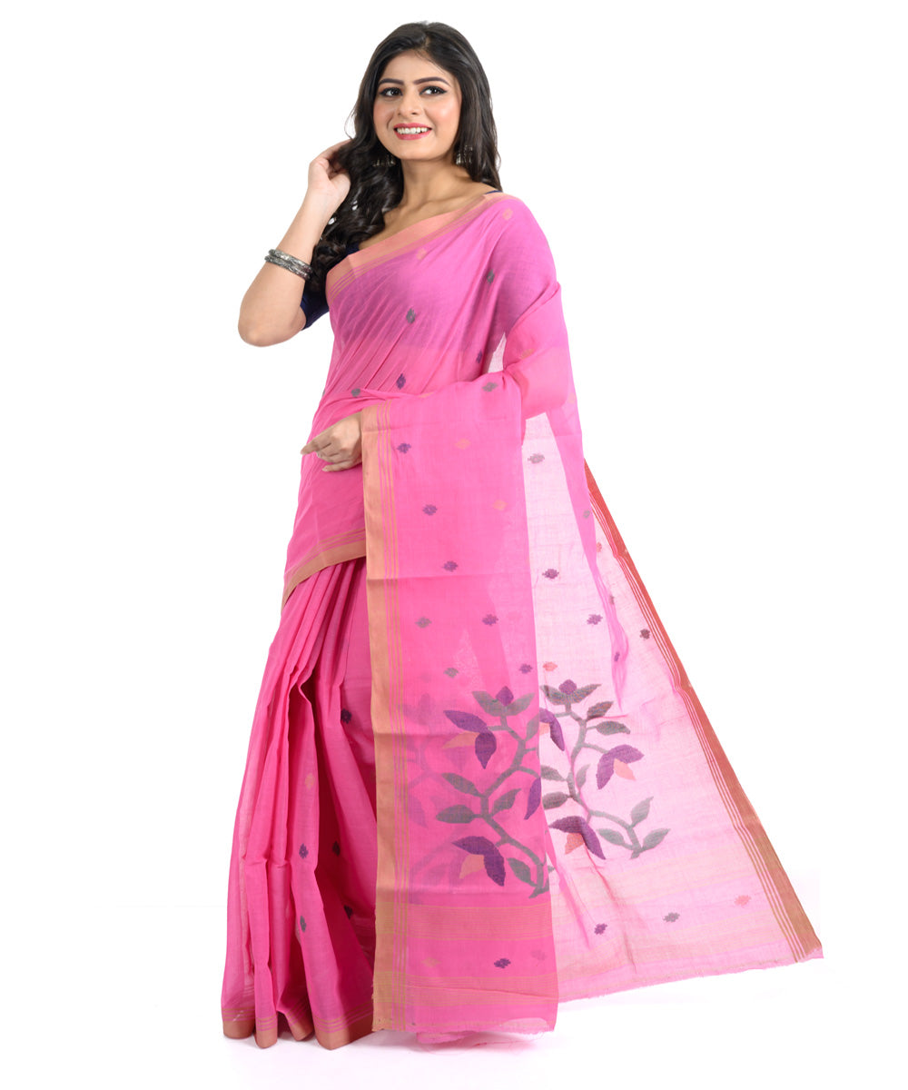 Pink brown handwoven bengal cotton saree