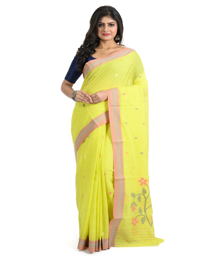 Lime green handwoven cotton bengal saree
