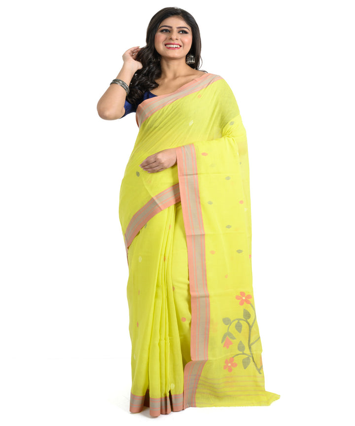 Lime green handwoven cotton bengal saree