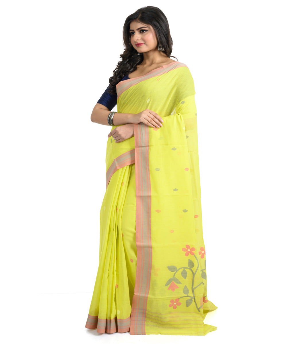 Lime green handwoven cotton bengal saree