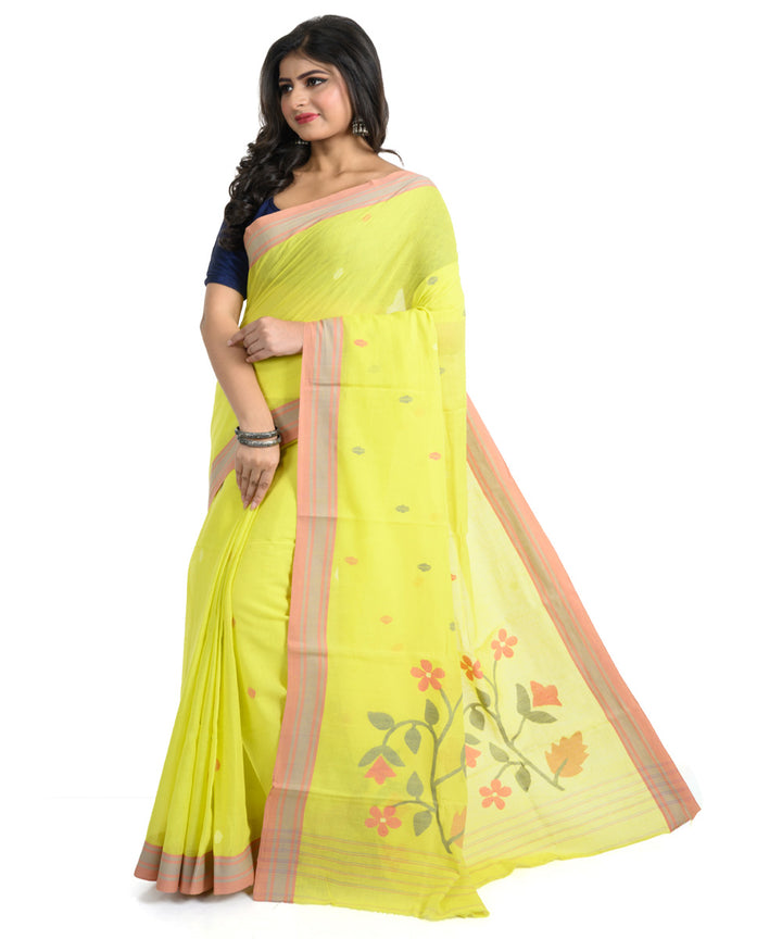 Lime green handwoven cotton bengal saree