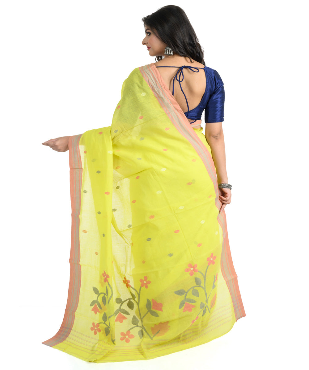 Lime green handwoven cotton bengal saree
