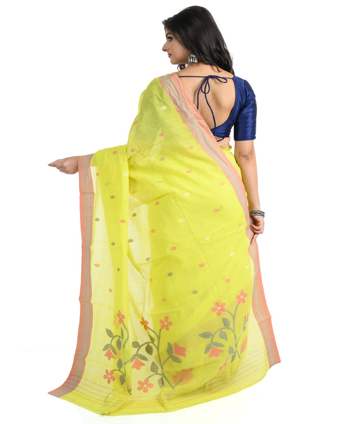 Lime green handwoven cotton bengal saree