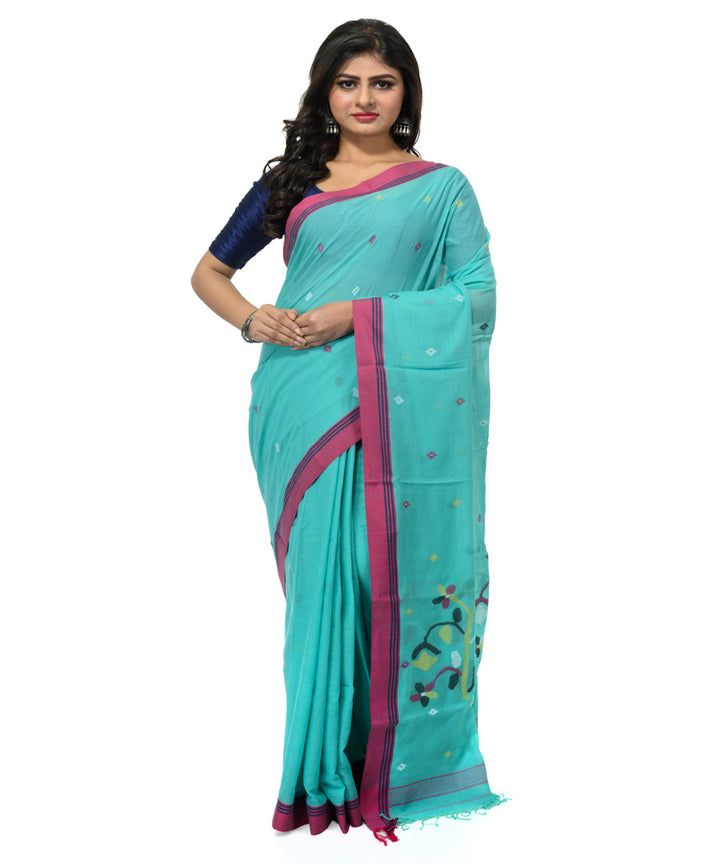 Cyan blue magenta handwoven bengal cotton saree