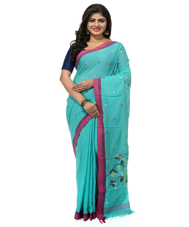 Cyan blue magenta handwoven bengal cotton saree
