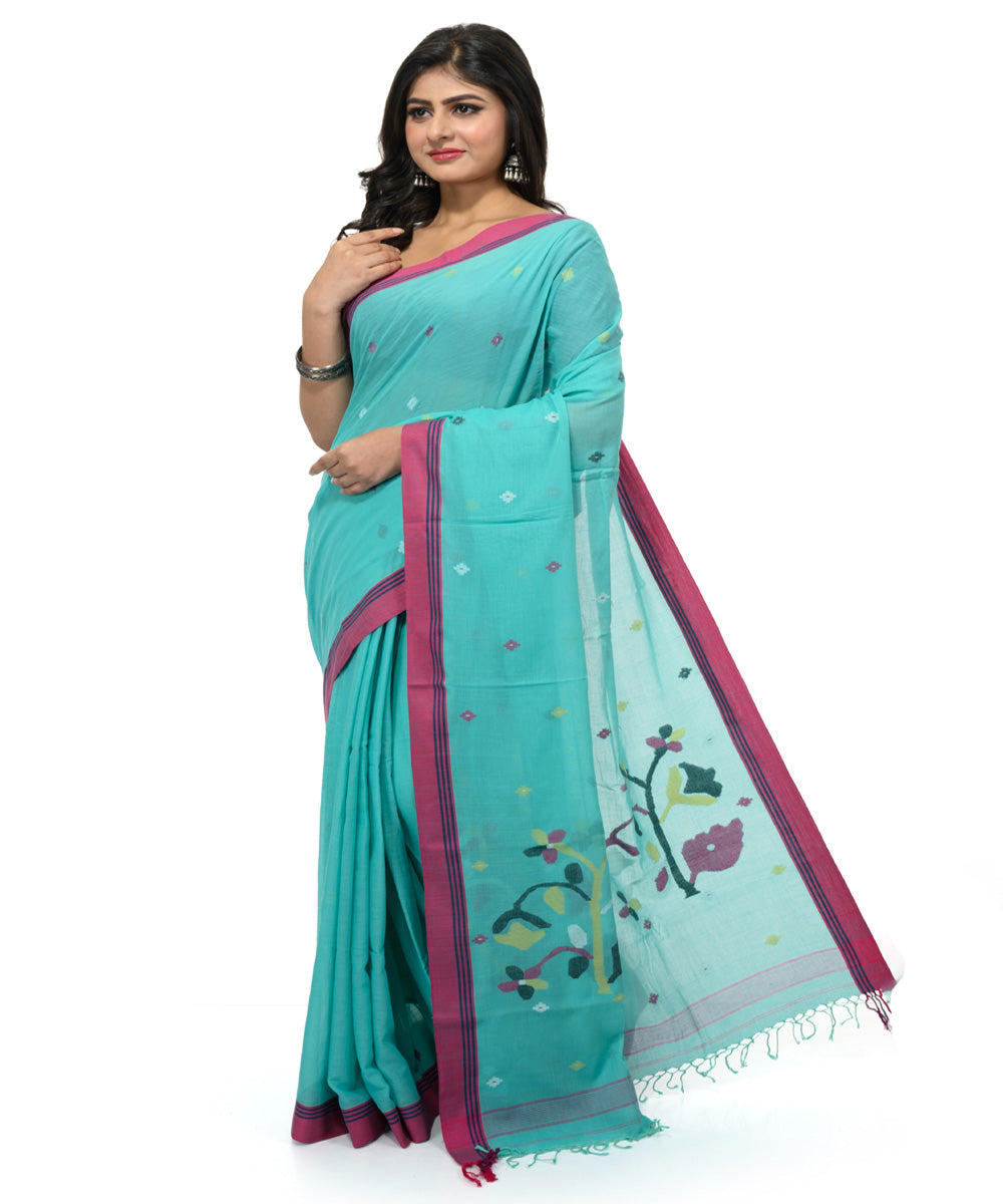 Cyan blue magenta handwoven bengal cotton saree