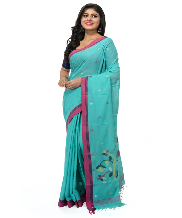 Cyan blue magenta handwoven bengal cotton saree